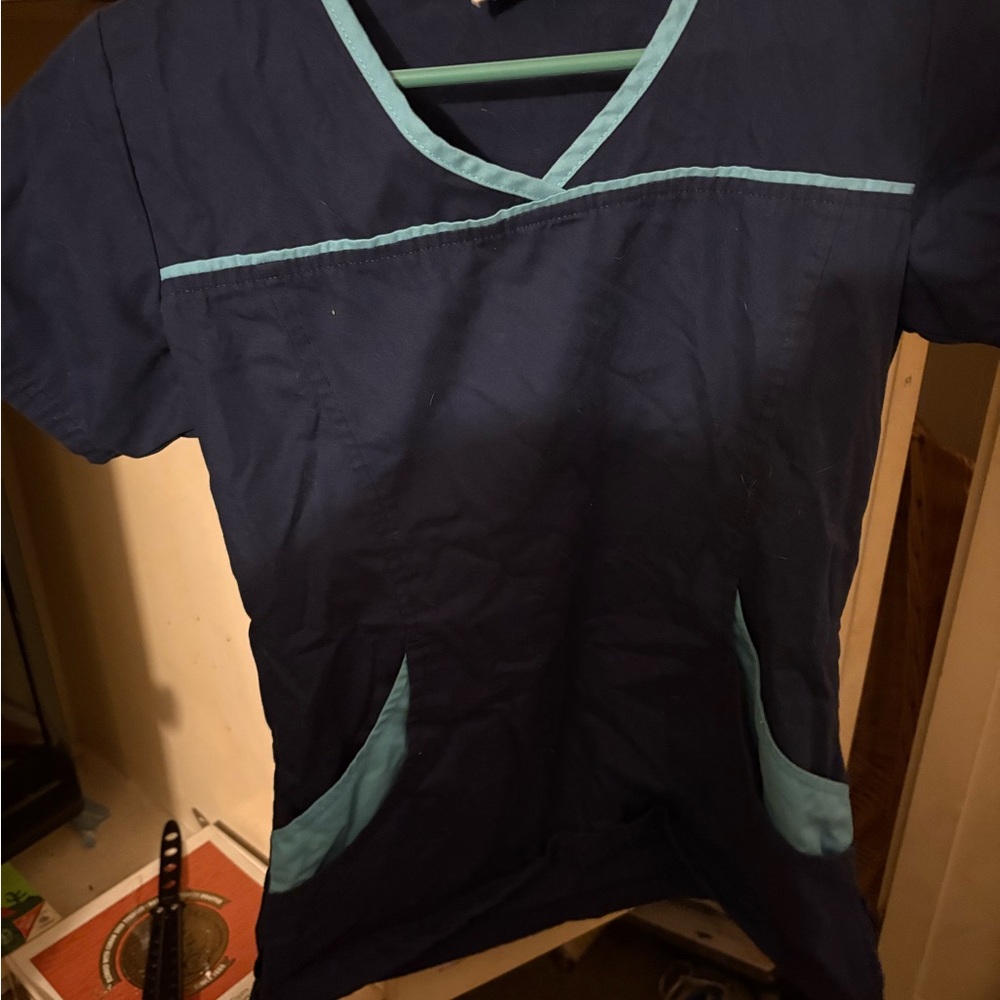 ScrubStar Scrub Top Size Small Blue Turquoise Trim 2 Pocket Nursing Medical XS
